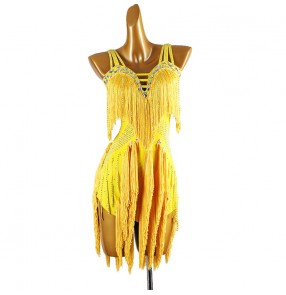 Women girls black yellow red fringe competition latin dance dresses salsa rumba chacha stage performance costumes for female